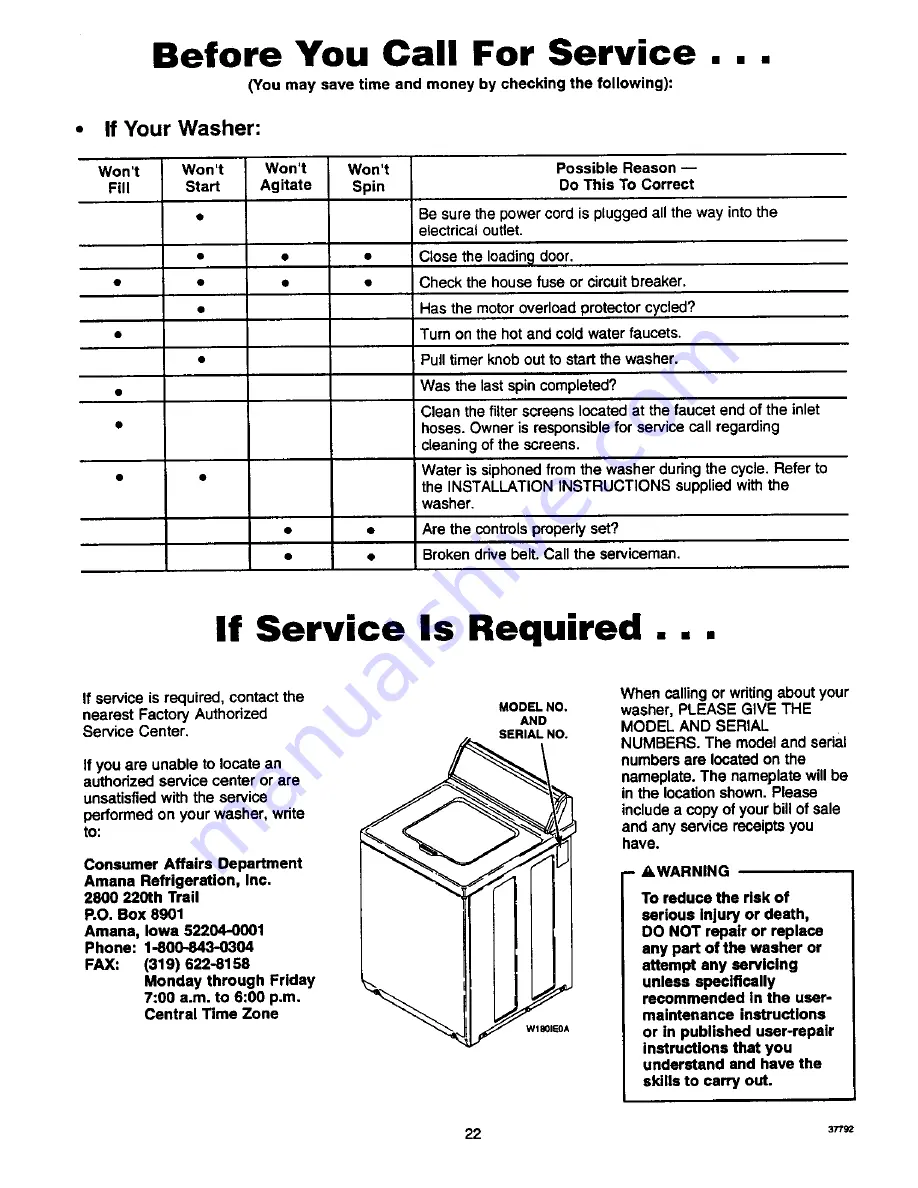 Amana LW7563L2 Use And Care Manual Download Page 22