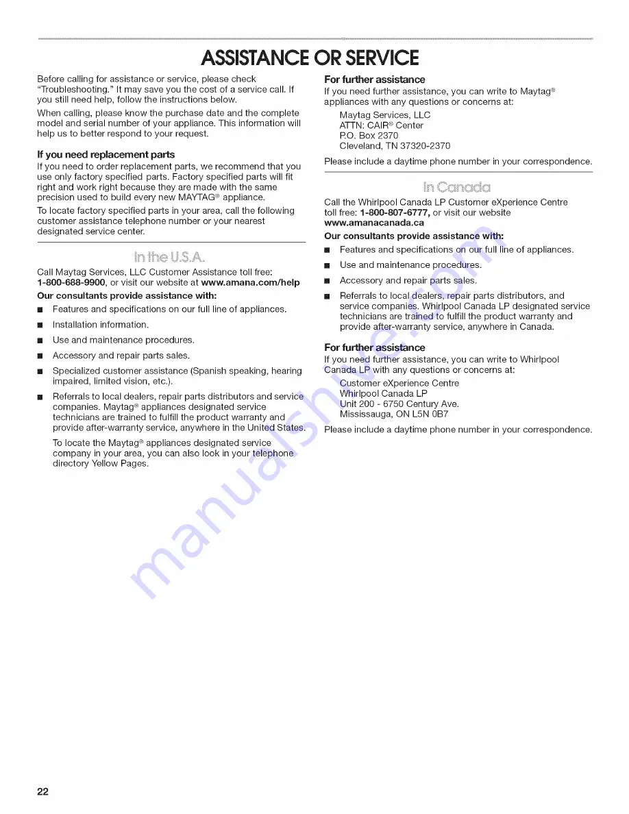 Amana NFW7600XW00 Use & Care Manual Download Page 22