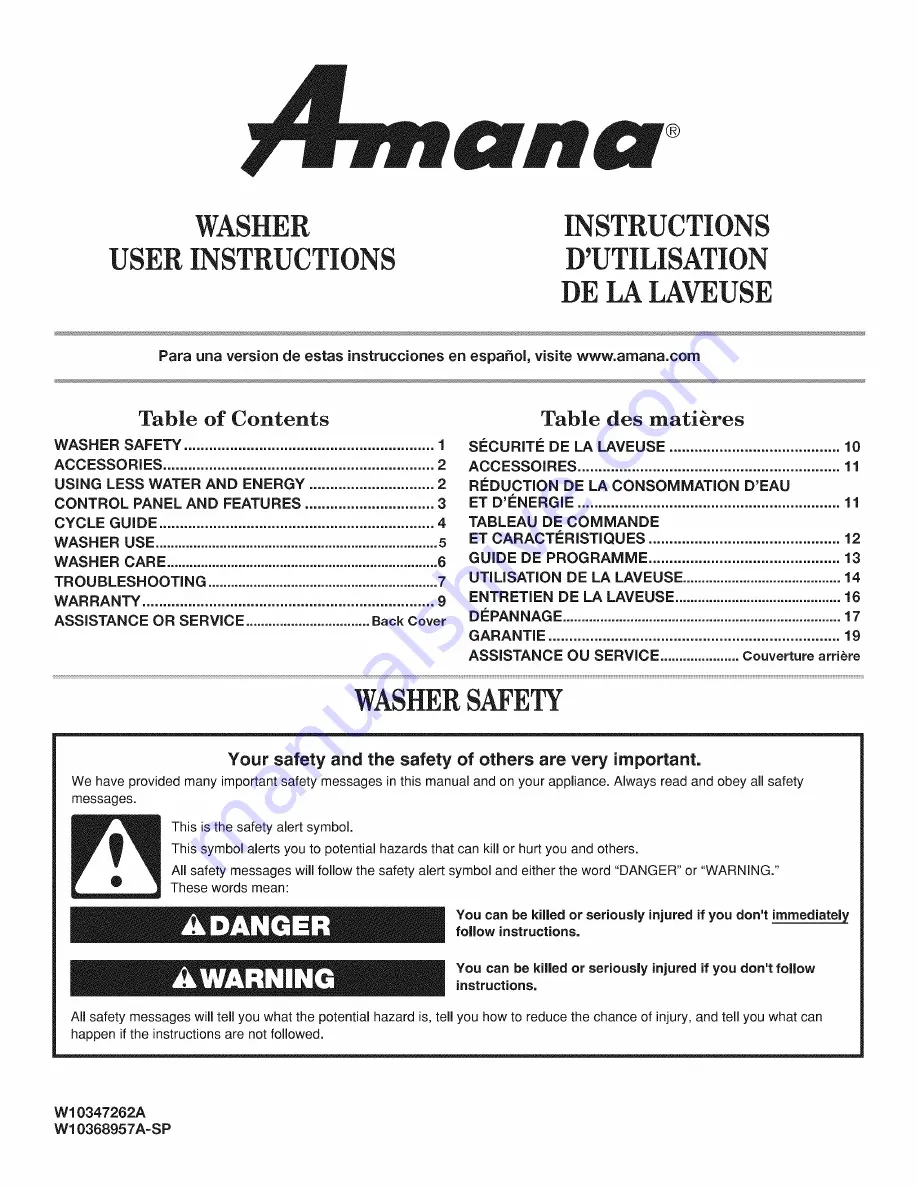 Amana NTW4500XQ0 User Instructions Download Page 1