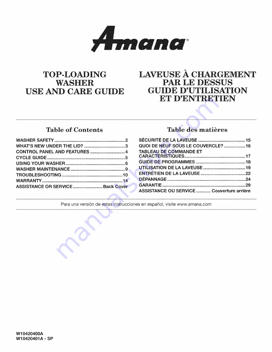 Amana NTW4501XQ0 Use And Care Manual Download Page 1