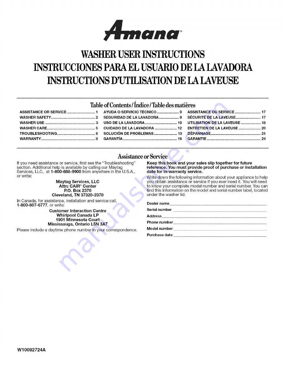 Amana NTW5505TQ0 User Instructions Download Page 1