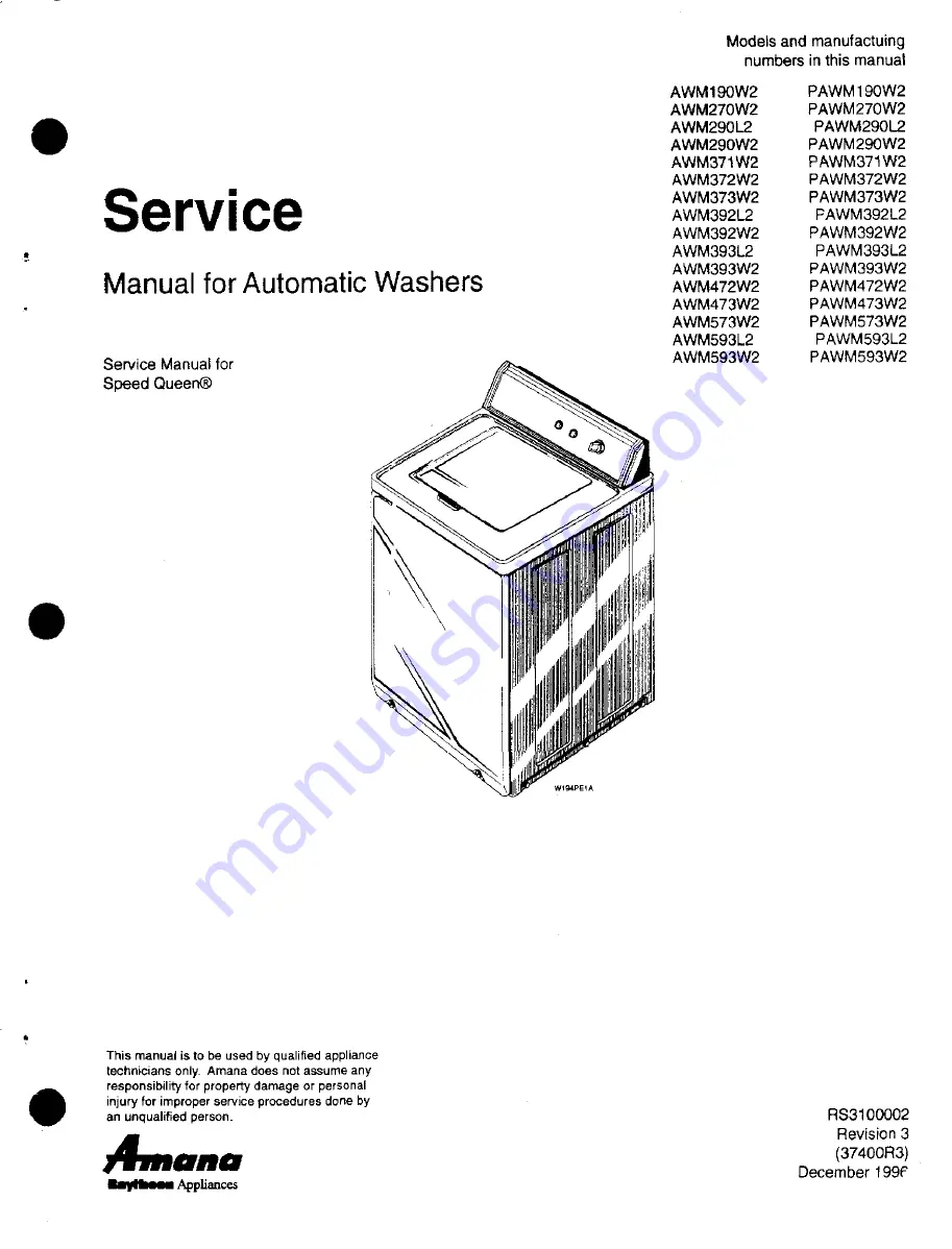 Amana Speed Queen AWM190W2 Service Manual Download Page 1