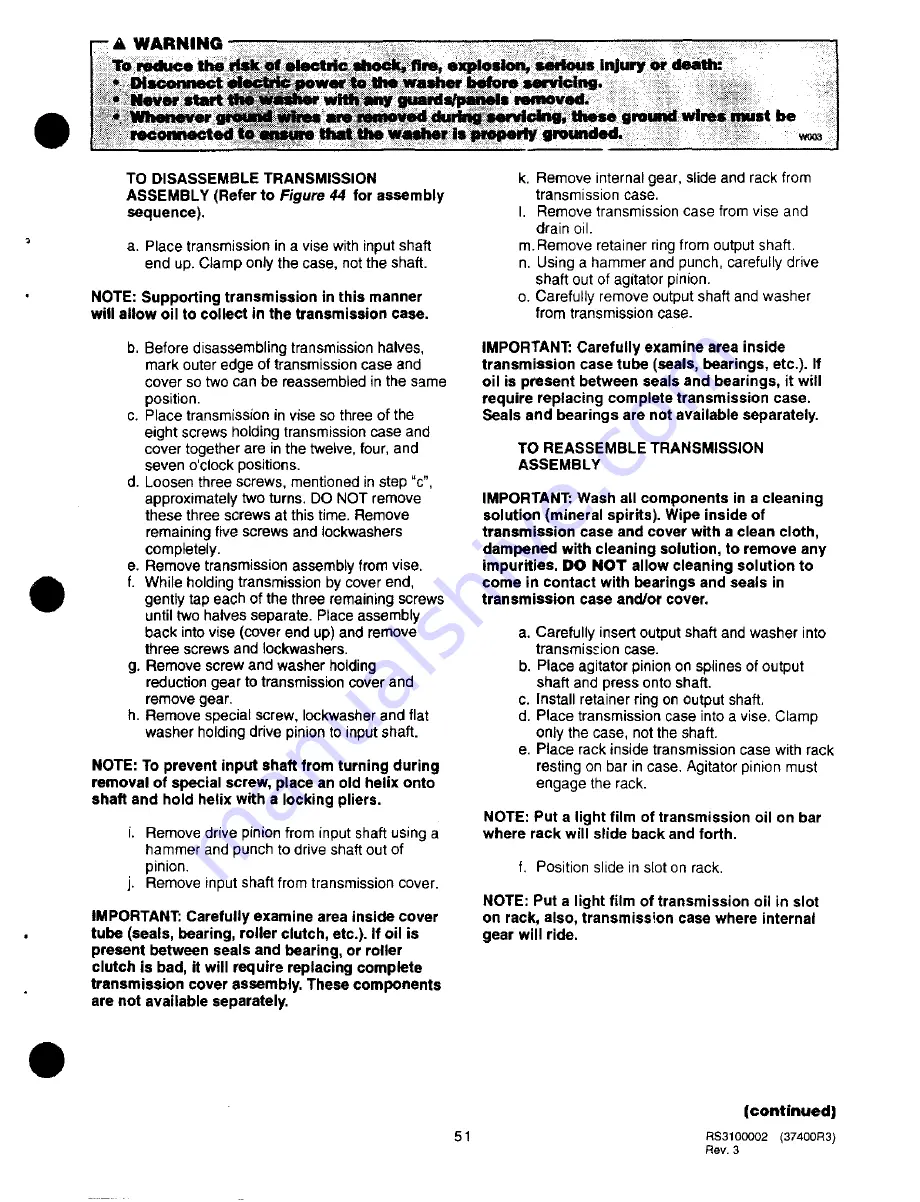 Amana Speed Queen AWM190W2 Service Manual Download Page 52