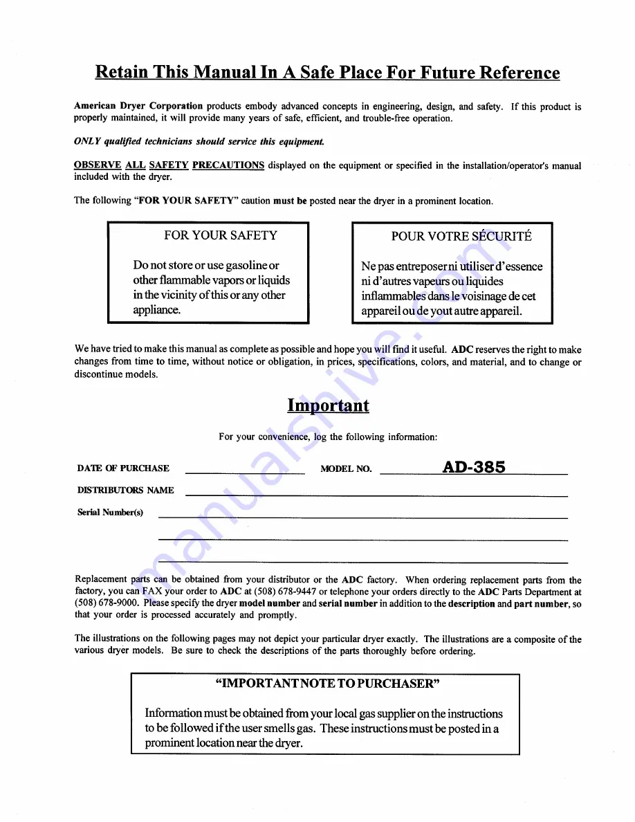 American Dryer Corp. AD-385 Installation & Operator'S Manual Download Page 2