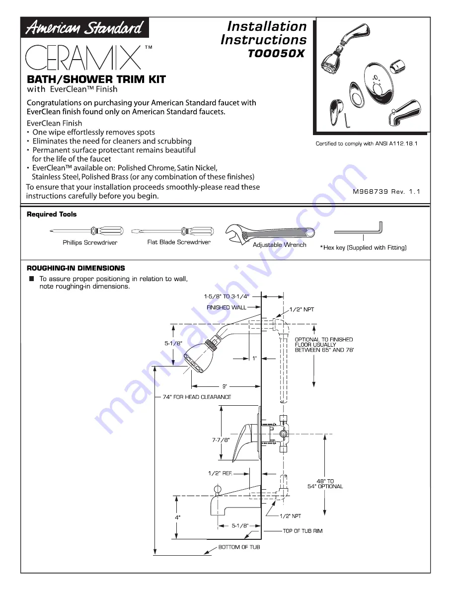 American Standard Ceramix T00050X Installation Instructions Download Page 1