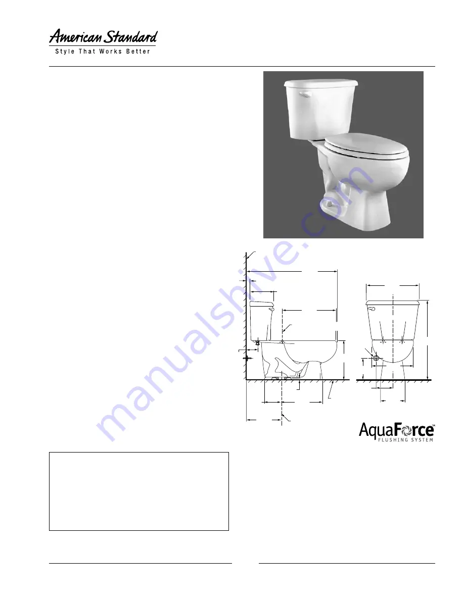 American Standard Colony Elongated Toilet 2399.012 Specification Sheet Download Page 1