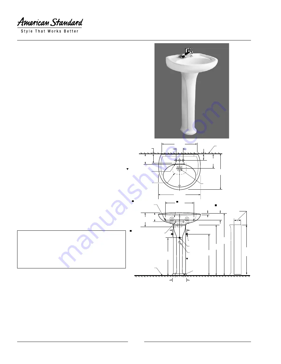 American Standard Colony Pedestal Sink 0113.404 Specifications Download Page 1