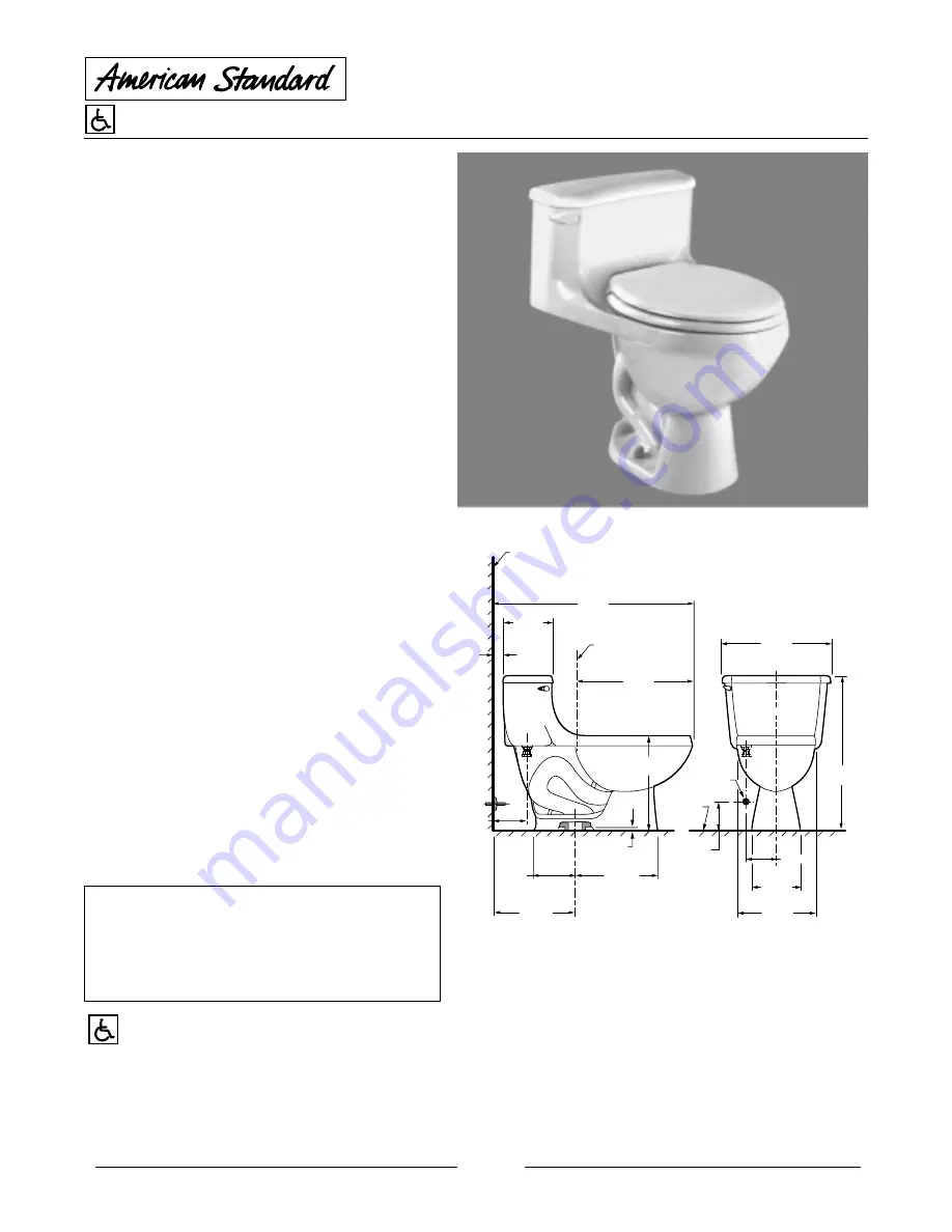 American Standard High Hamilton Elongated Space-saving One-Piece Toilet 2096.333 Specification Sheet Download Page 1