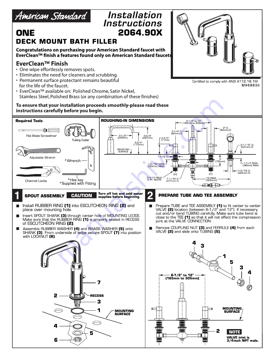 American Standard One Deck Mount Bath Filler 2064.90X Installation Instructions Download Page 1