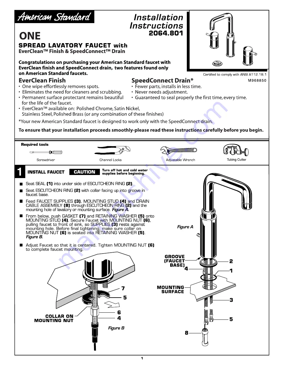 American Standard One Spread Lavatory Faucet 2064.408 Installation Instructions Manual Download Page 1