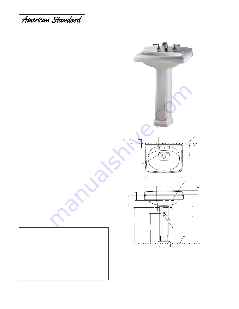 American Standard Williamsburg Pedestal Lavatory 0555.400 Specification Sheet Download Page 1