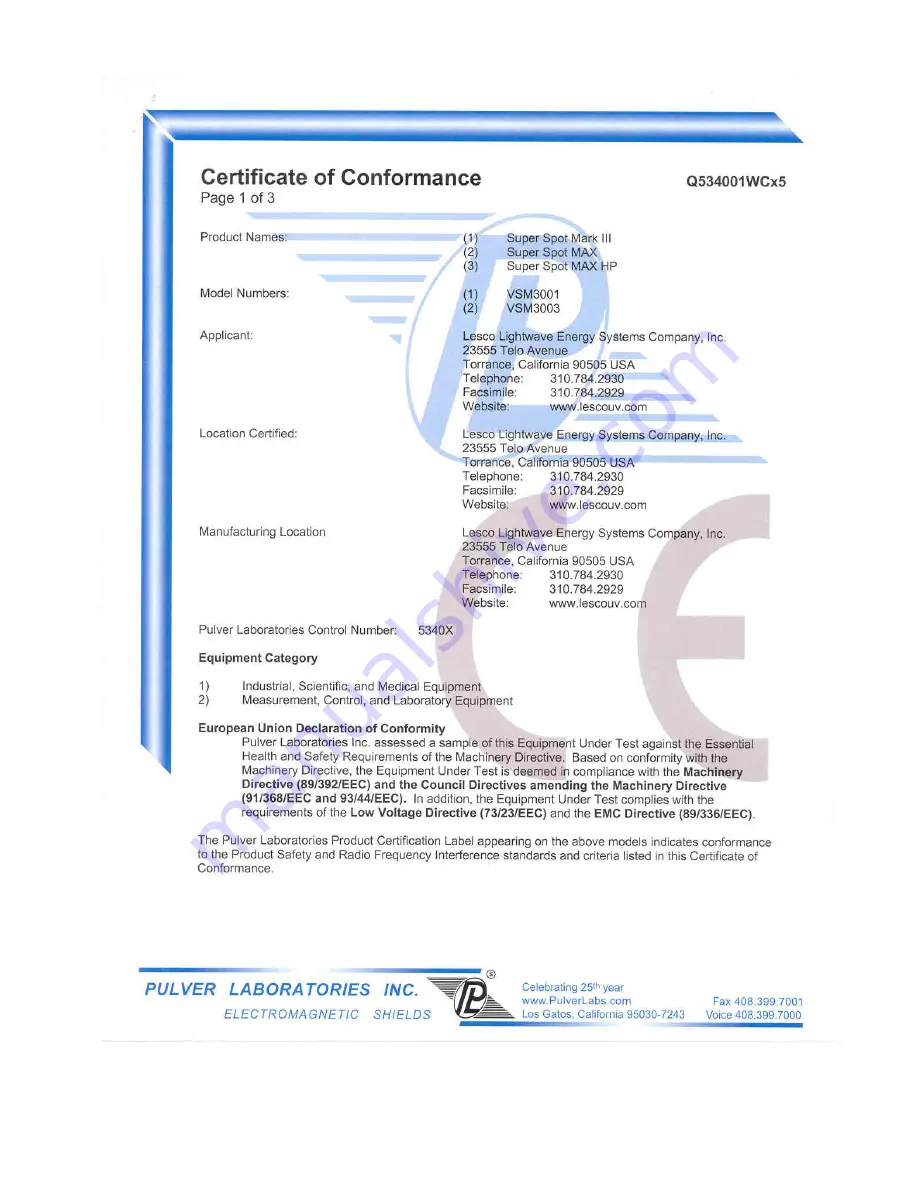 AMERICAN ULTRAVIOLET Lesco SUPERSPOT MK III Technical Reference Manual Download Page 47