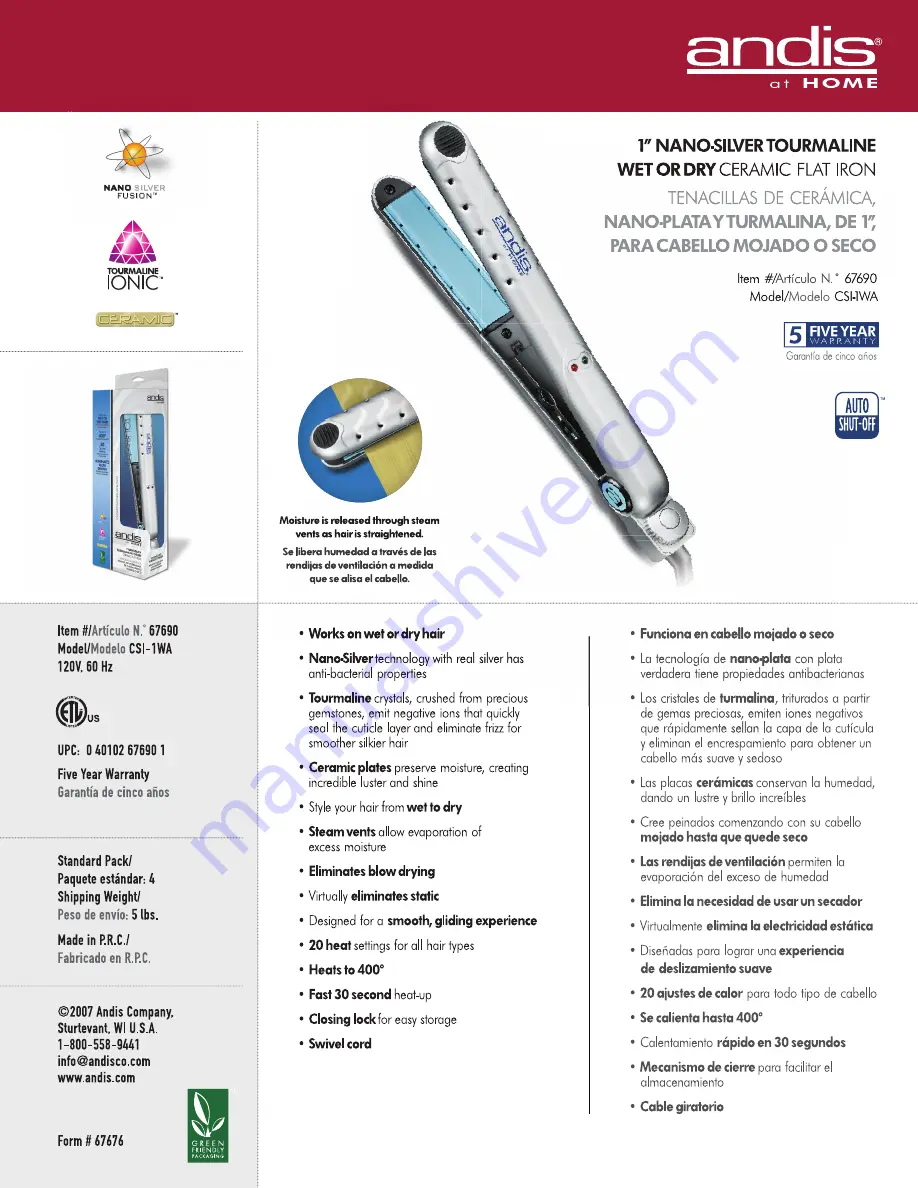 Andis CSI-1WA Specification Sheet Download Page 1