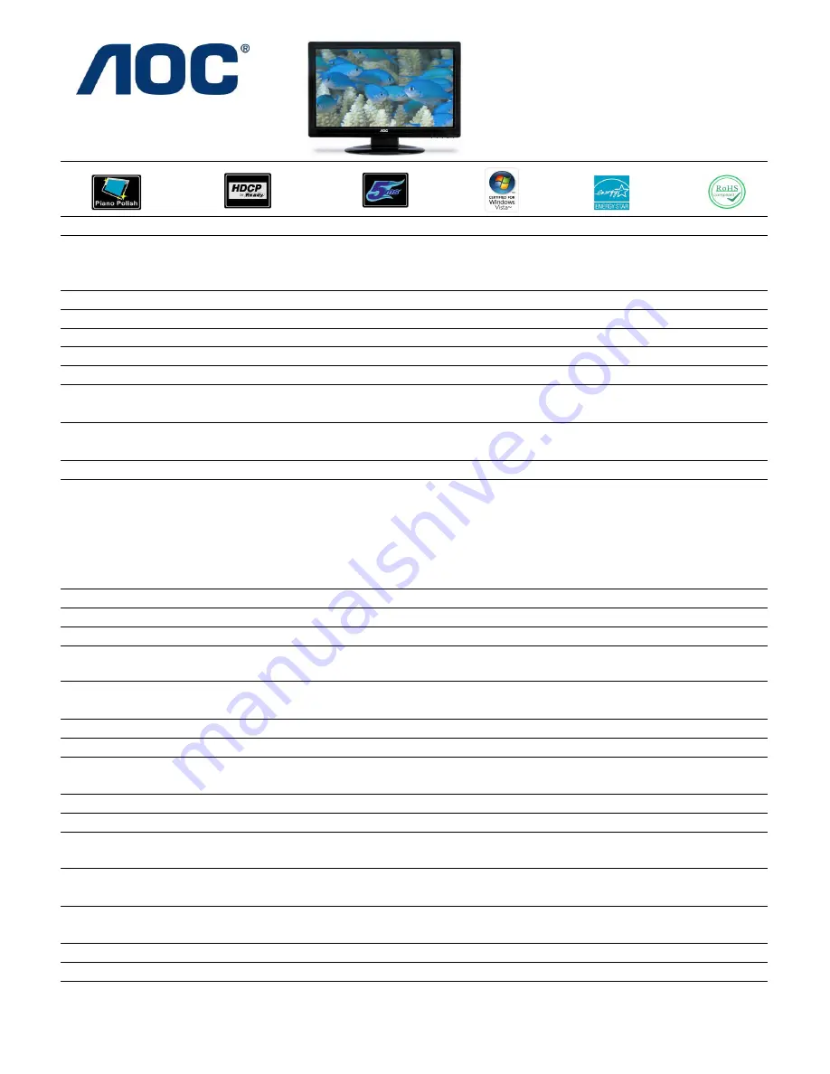 AOC 2019Vwa1 Specification Sheet Download Page 1