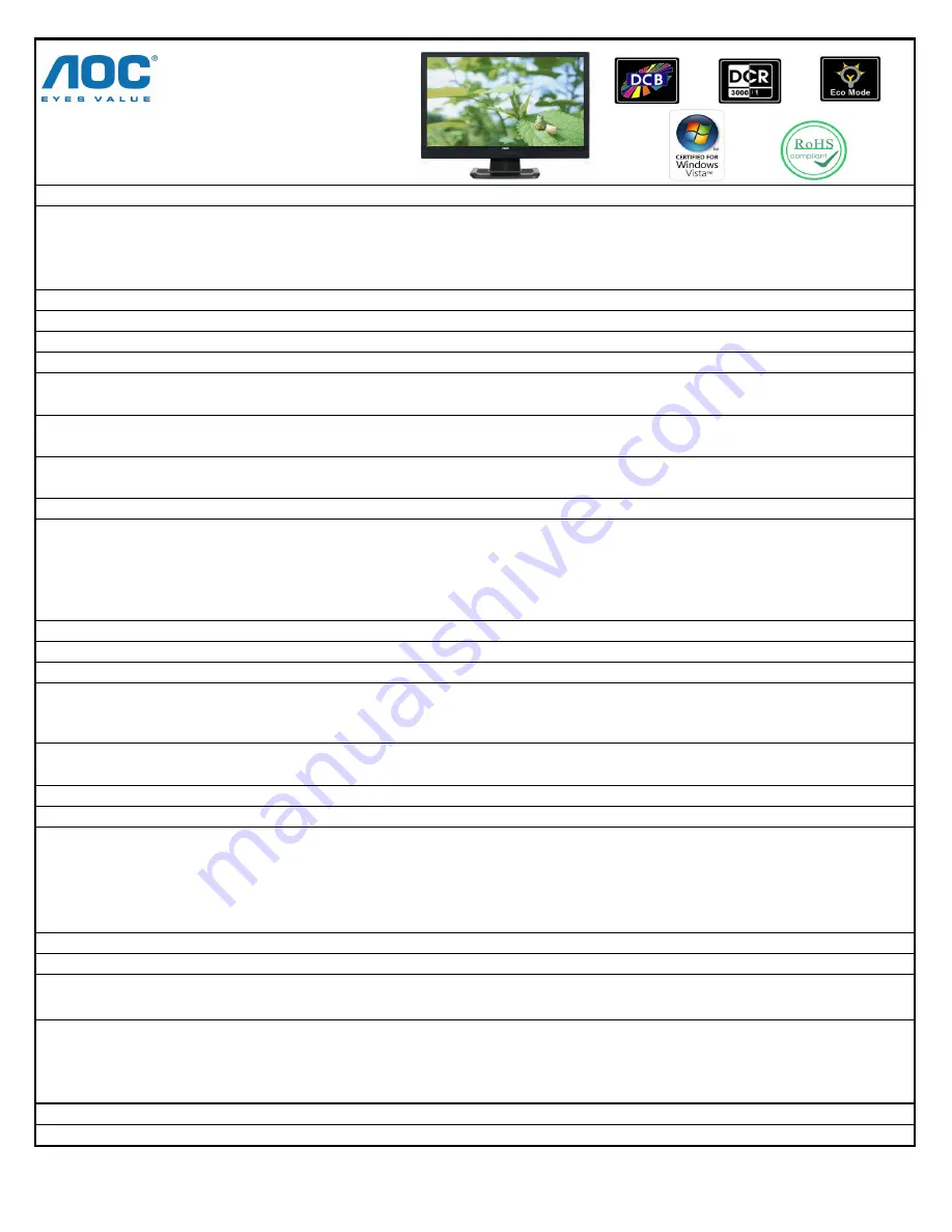 AOC 2216Vw Specifications Download Page 1