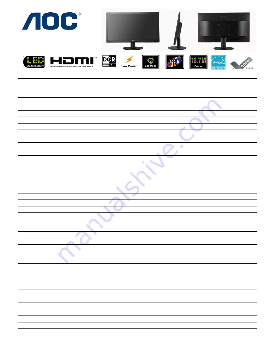 AOC e2460Swhu Dimensions Download Page 1