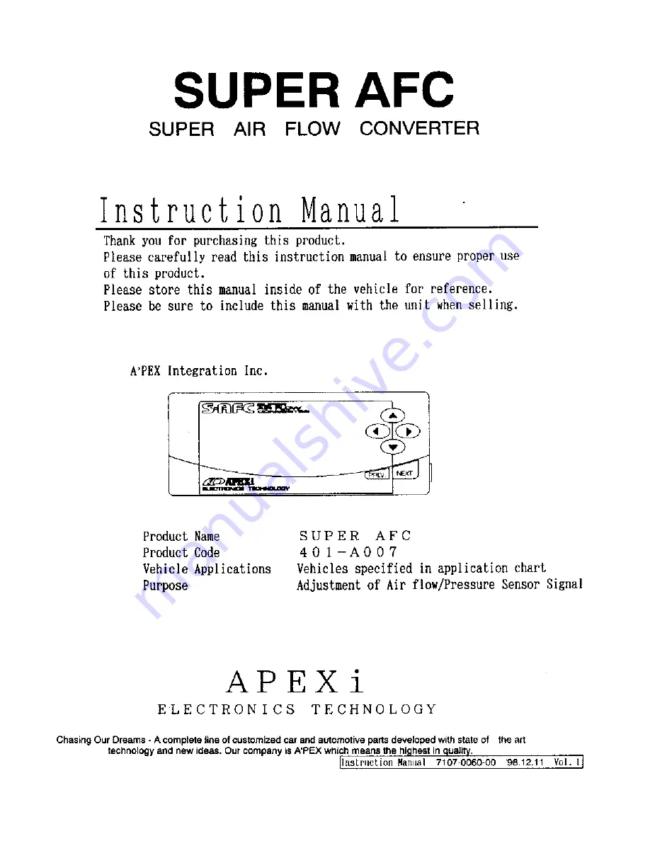 APEXi Super AFC 401-A007 Instruction Manual Download Page 1