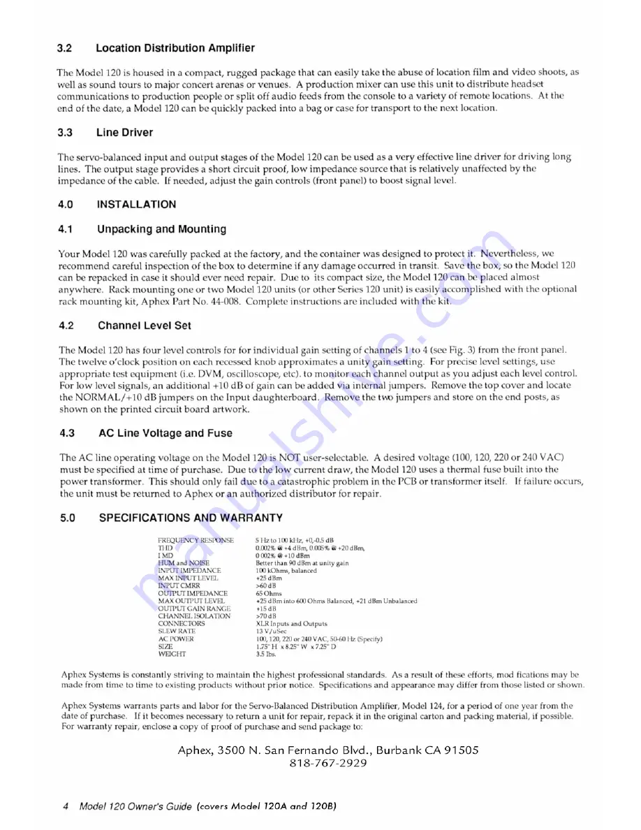 Aphex 120 Owner'S Manual Download Page 4