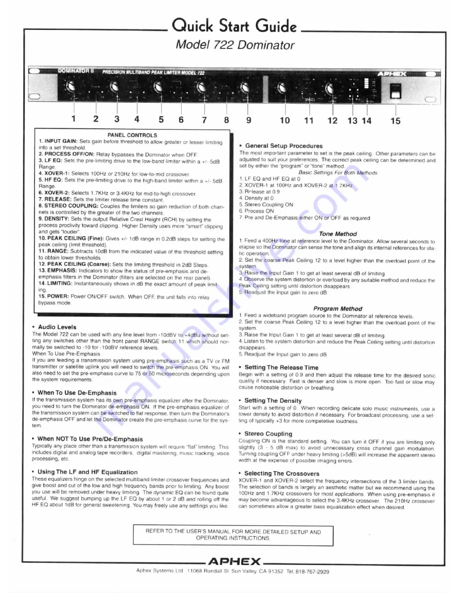 Aphex 722 Dominator Quick Start Manual Download Page 1