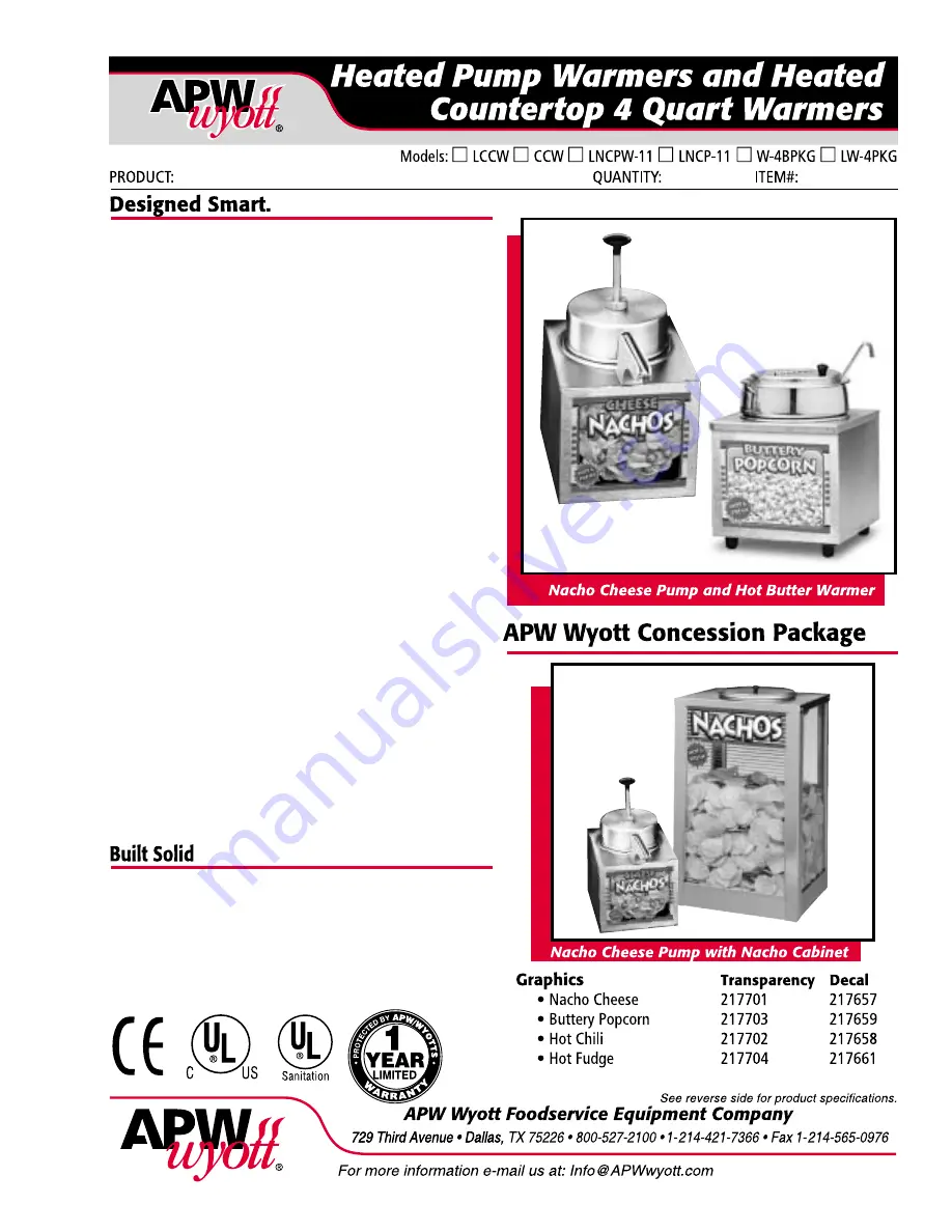 APW Wyott LNCP-11 Specification Sheet Download Page 1