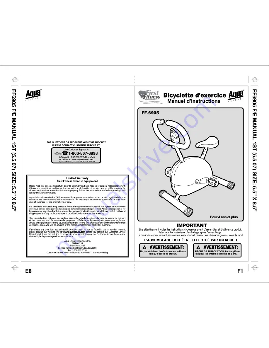 Aqua Leisure Fitness FF-6905 Instruction Manual Download Page 8