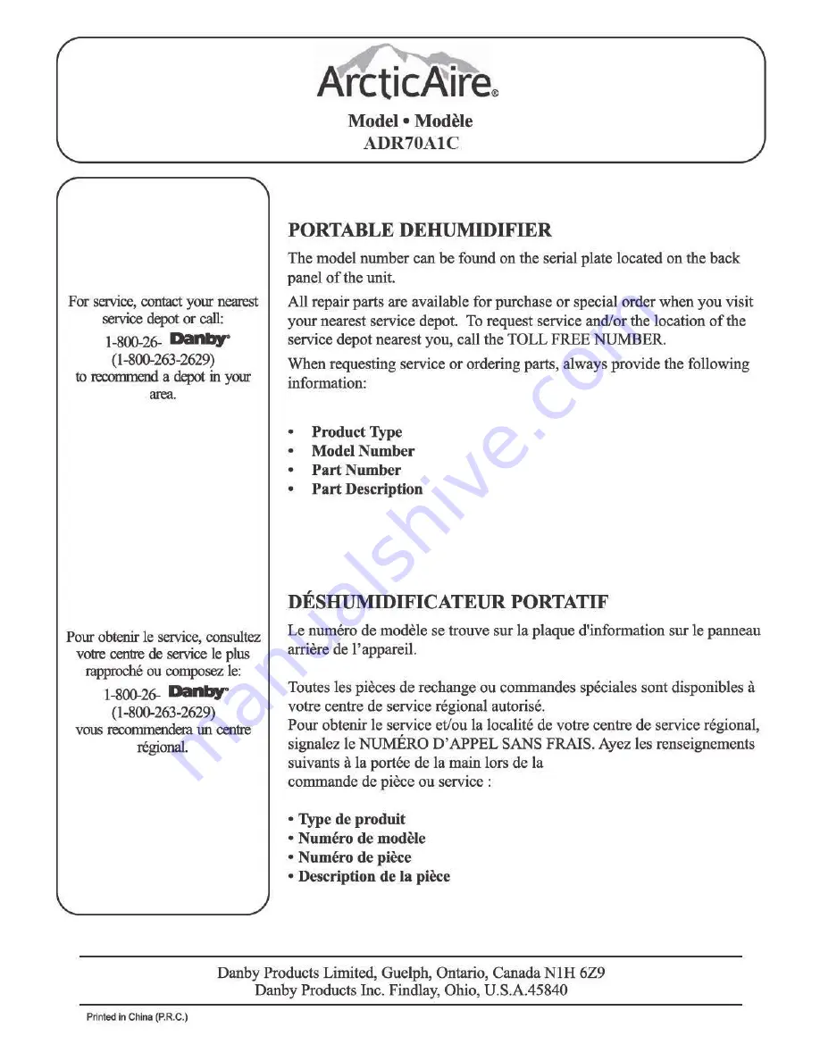 Arctic Air ADR70A1C Owner'S Use & Care Manual Download Page 22