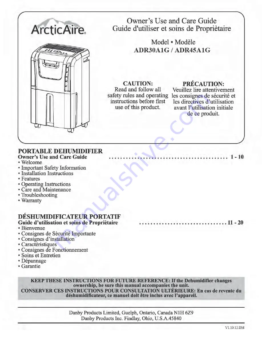 Arctic Aire ADR30A1G Owner'S Use And Care Manual Download Page 1