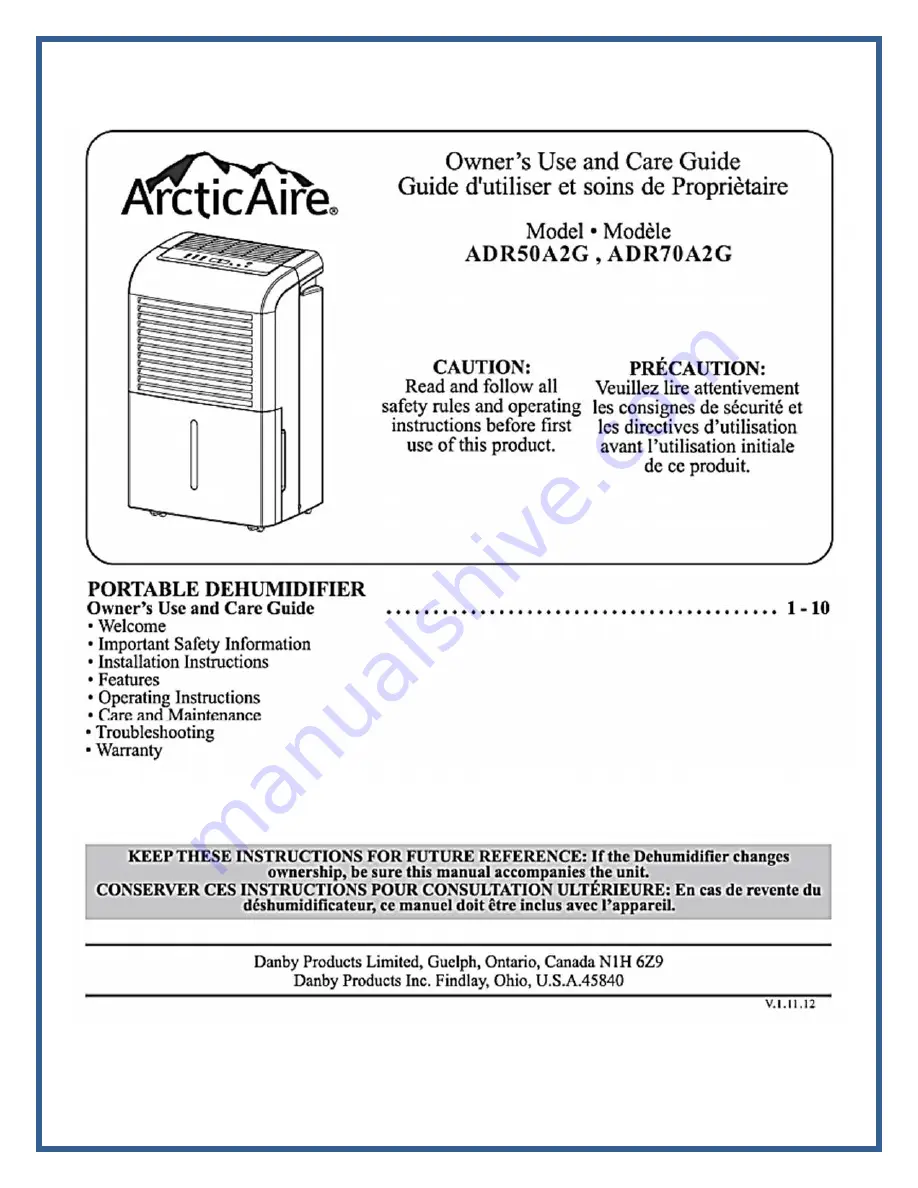 Arctic Aire ADR50A2G Owner'S Use And Care Manual Download Page 1