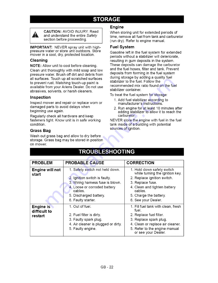 Ariens 911403 - WAW 1034911407 - WAW 1034 CARB Owner'S/Operator'S Manual Download Page 22