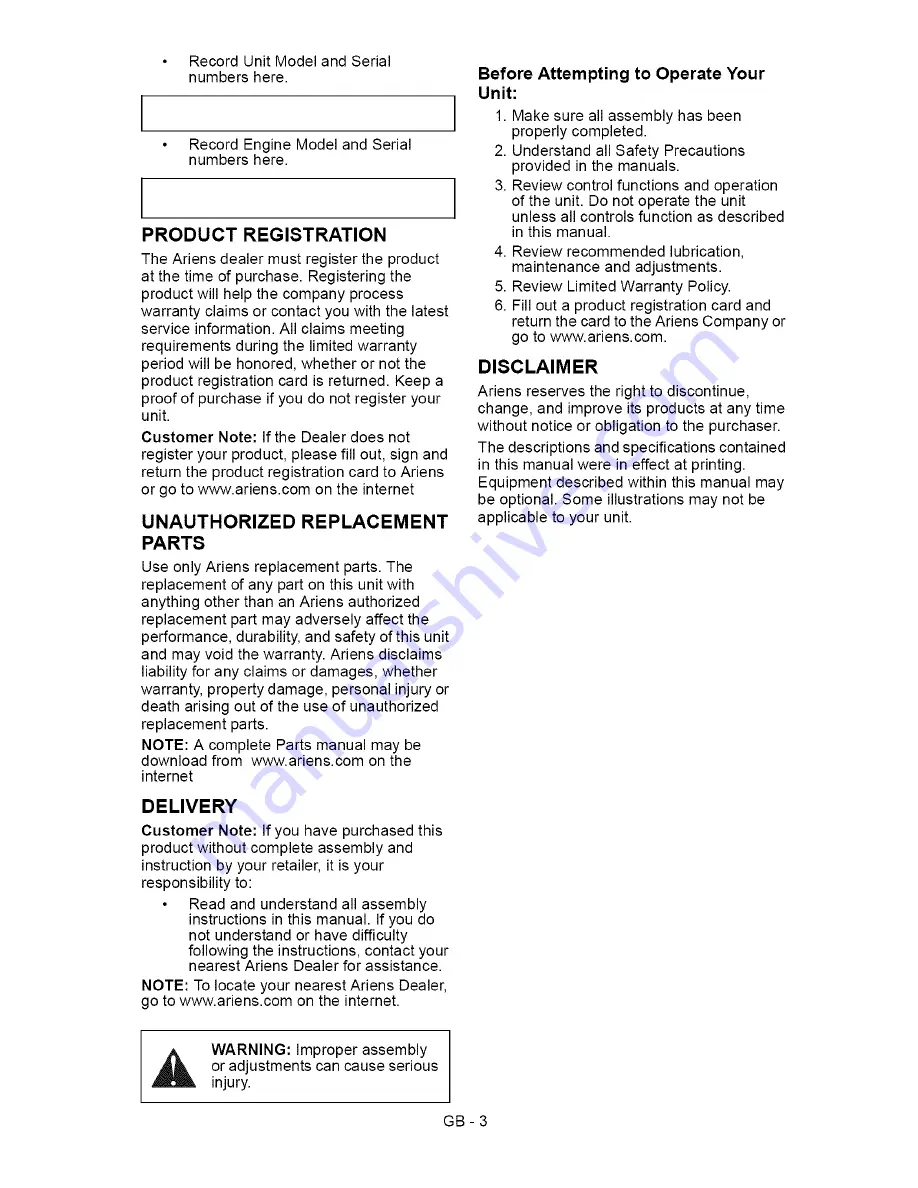 Ariens 915131-1334 Owner'S Manual Download Page 3