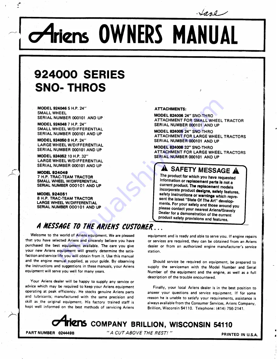 Ariens 924000 Owner'S Manual Download Page 1