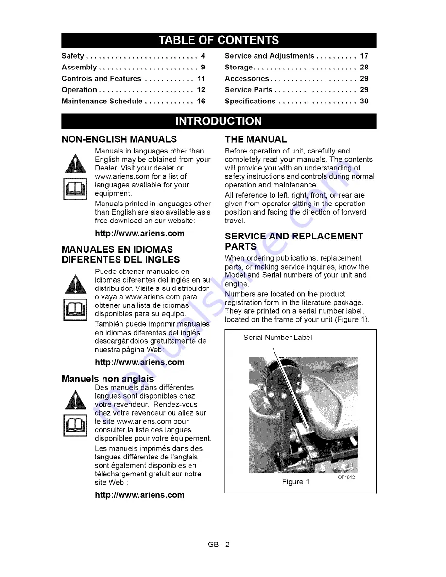 Ariens 991039 Owner'S/Operator'S Manual Download Page 2