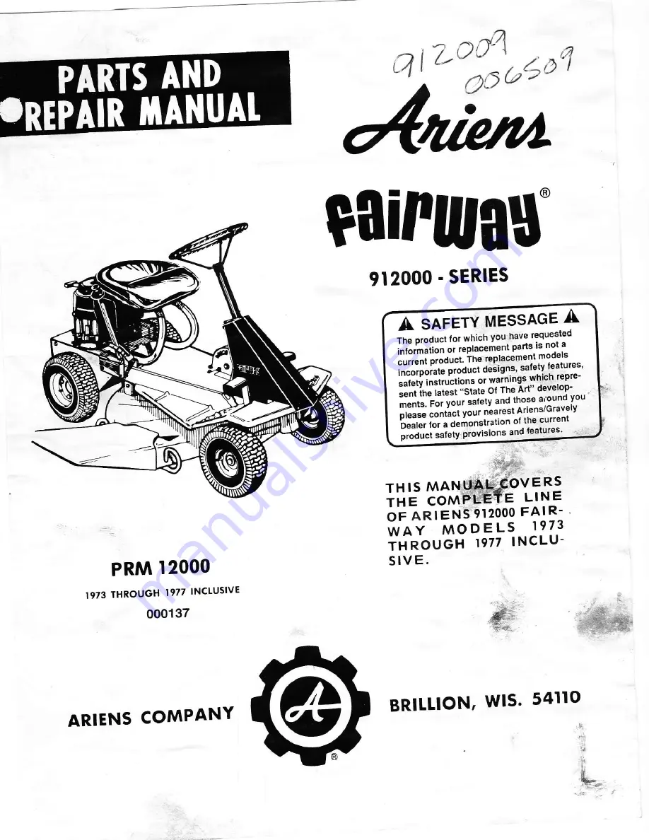 Ariens fairway 912000 series Parts And Repair Manual Download Page 1