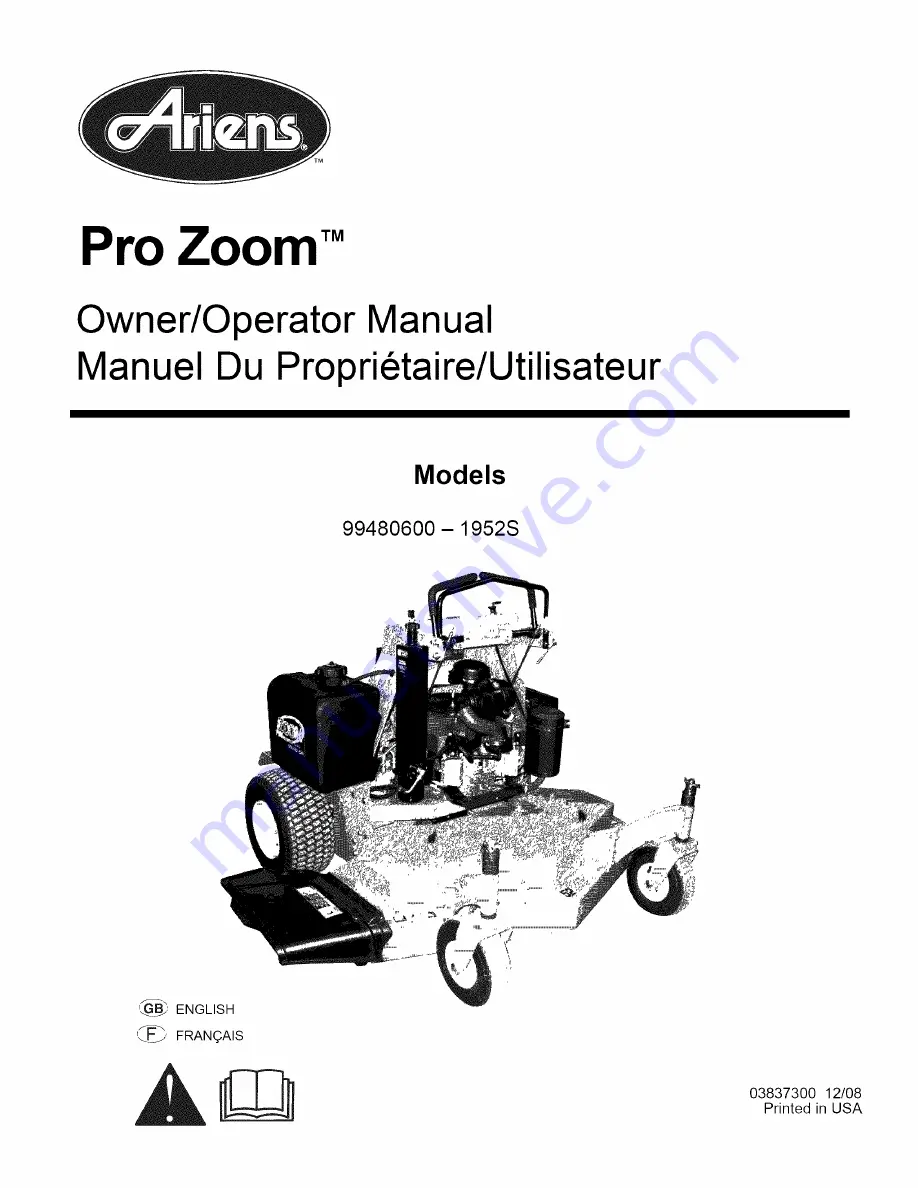 Ariens Pro Zoom 1952S Owner'S/Operator'S Manual Download Page 1