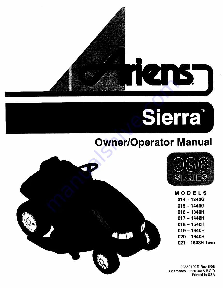 Ariens Sierra 014-1340G Owner'S/Operator'S Manual Download Page 1