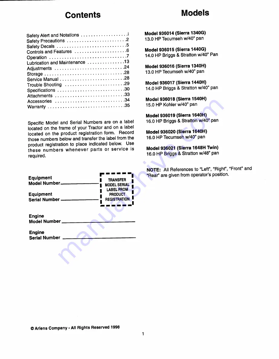 Ariens Sierra 014-1340G Owner'S/Operator'S Manual Download Page 3