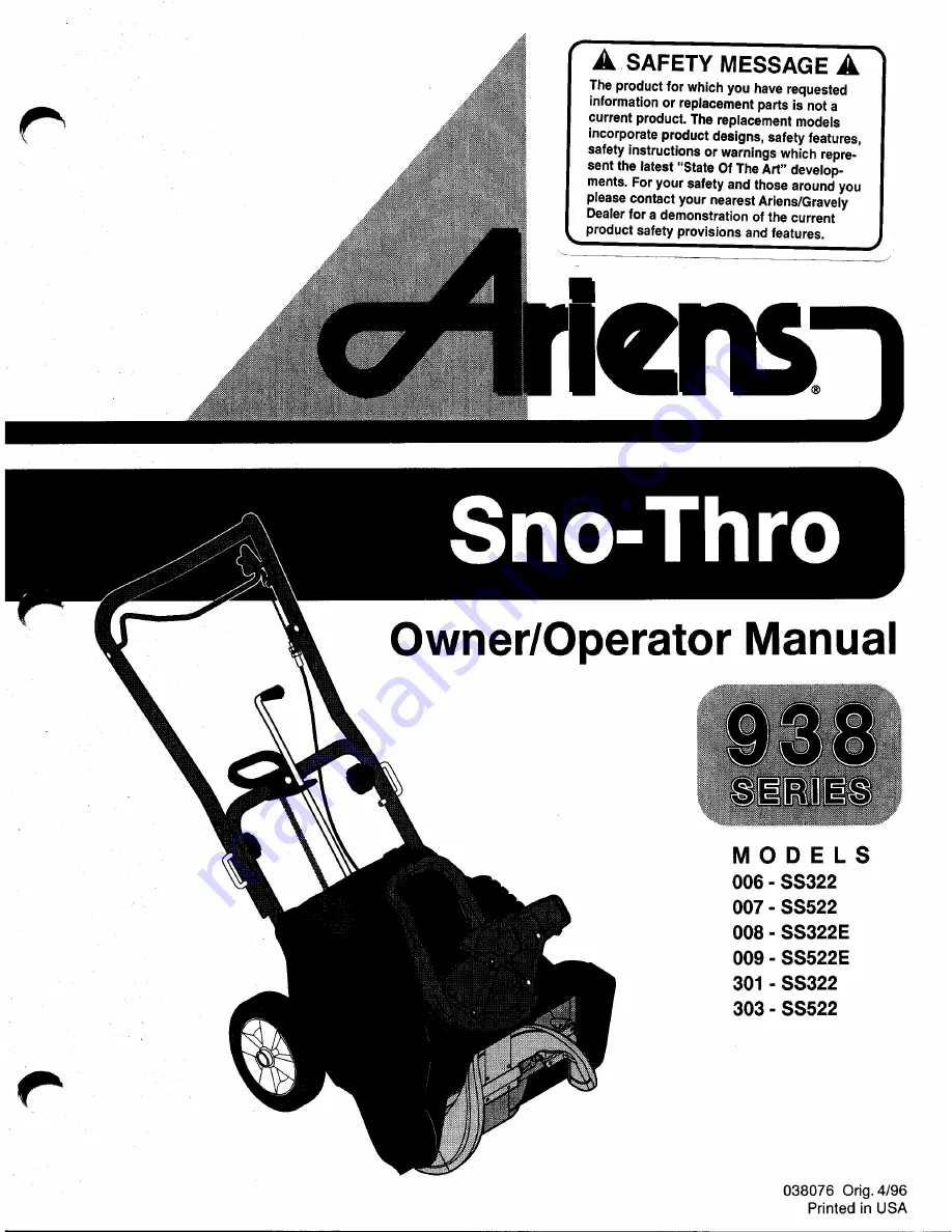 Ariens SNO-THRO 006-SS322 Operator'S Manual Download Page 1