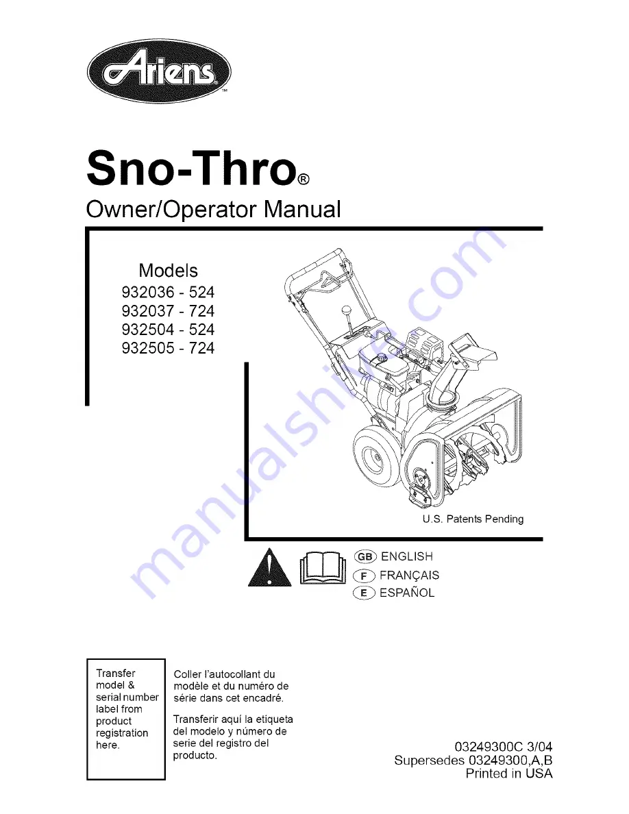 Ariens Sno-Thro 932037-724 Owner'S Manual Download Page 32