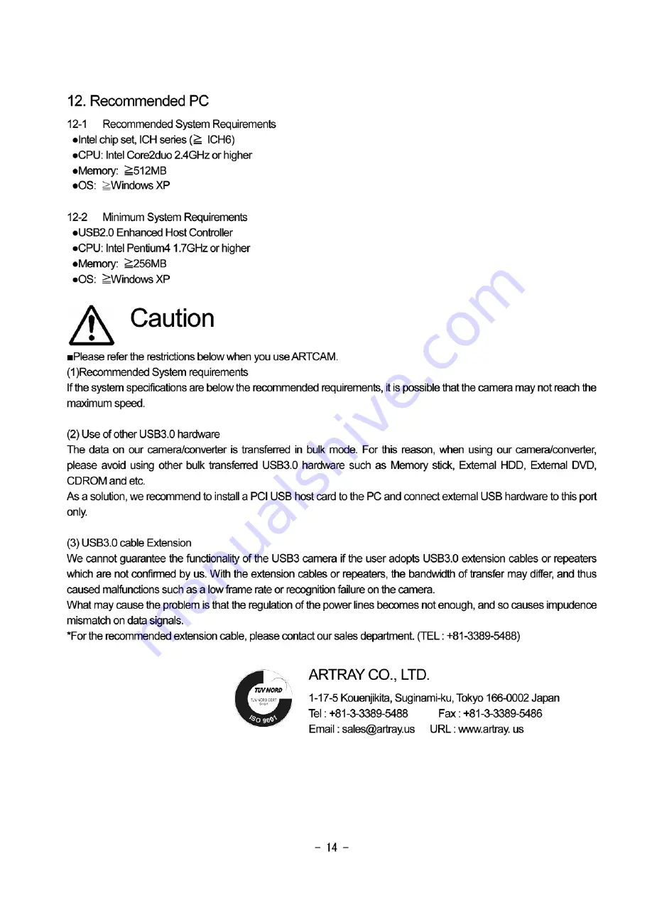 ARTRAY ARTCAM-130HP-NIR-WOM Manual Download Page 14