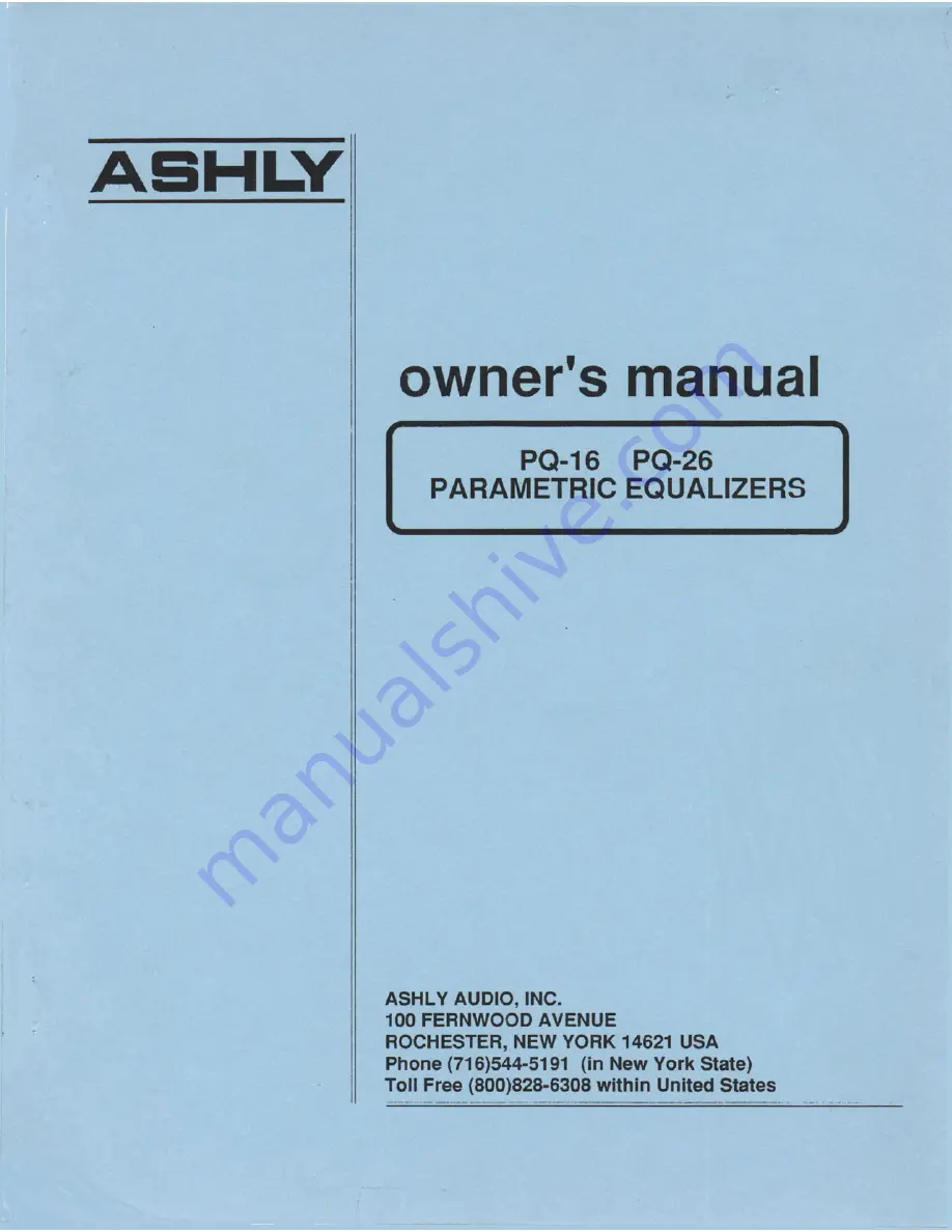 Ashly Parametric Equalizers PQ-16 Owner'S Manual Download Page 1