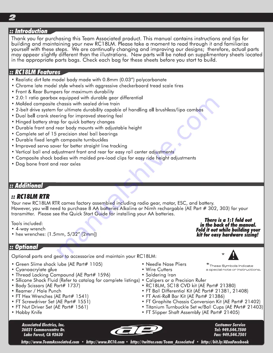 Associated Electrics RC18LM RTR User Manual Download Page 2