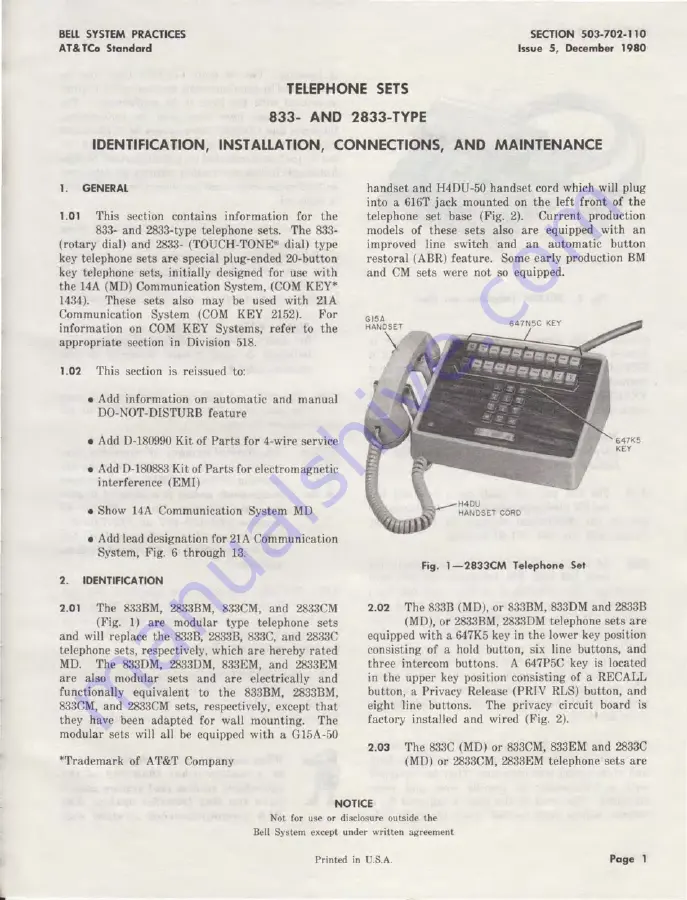 AT&T 2833 Series Identification, Installation, Connections, And Maintenance Download Page 1