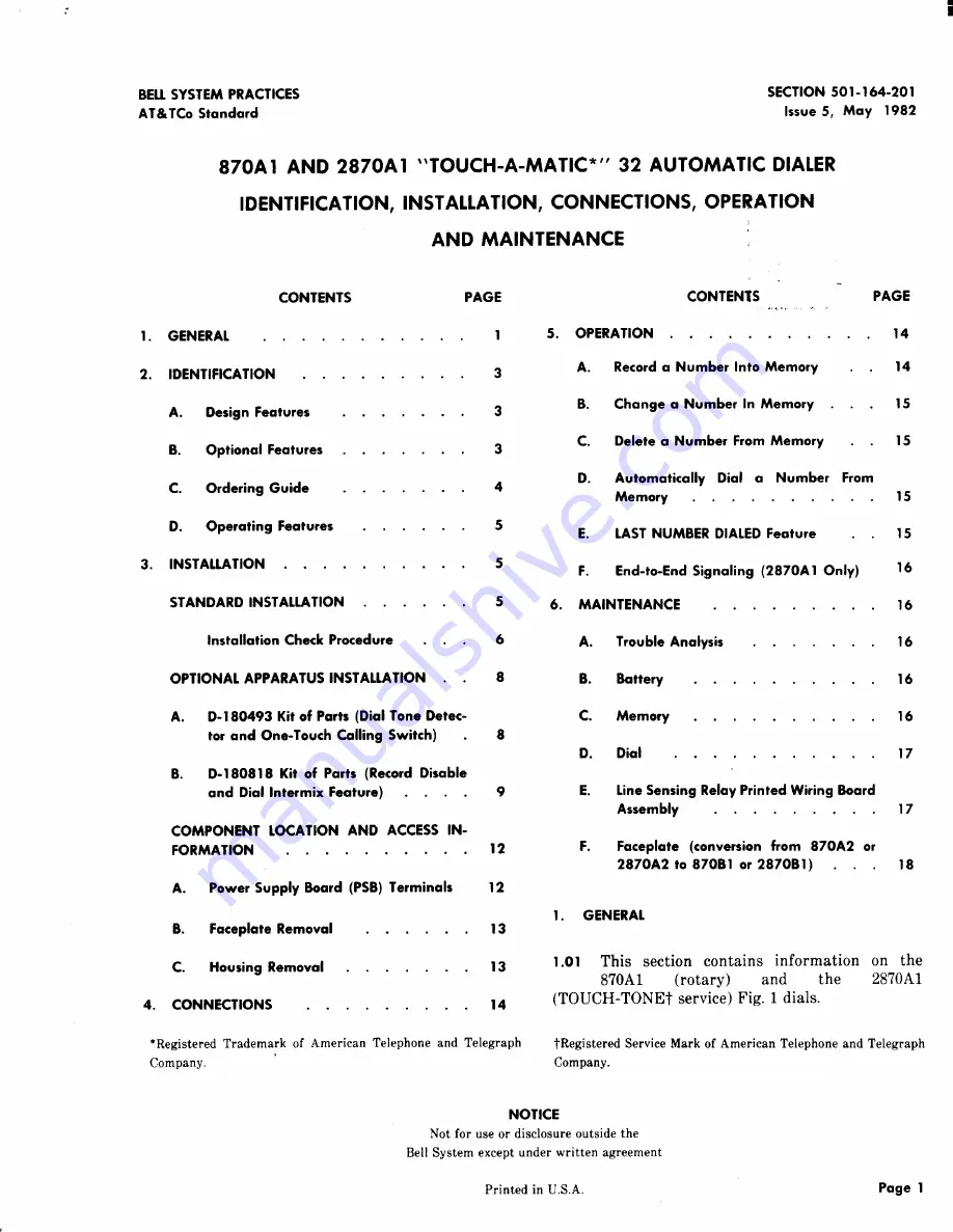 AT&T BELL SYSTEM Touch-A-Matic 2870A1 Identification, Installation, Connections, Operation, And Maintenance Download Page 1