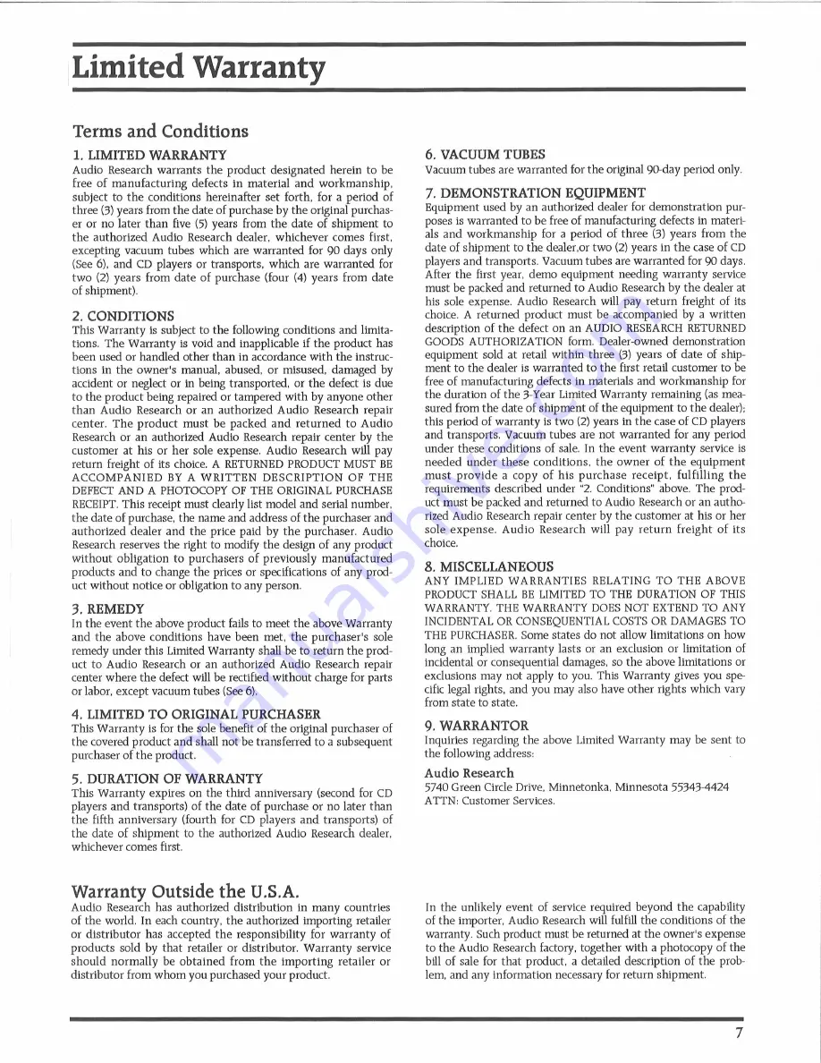 Audio Research SDA1 Owner'S Manual Download Page 9