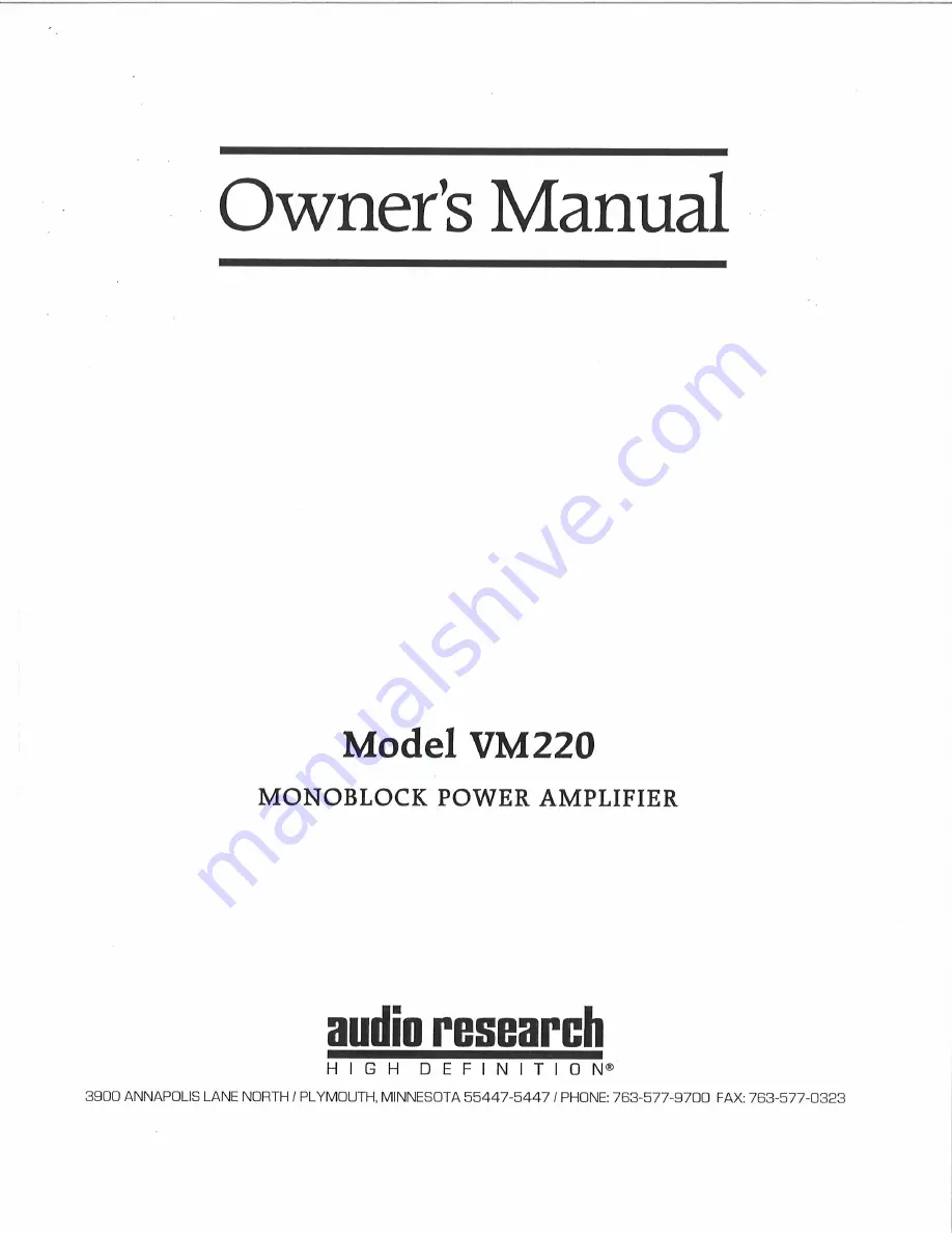 Audio Research VM220 Owner'S Manual Download Page 1