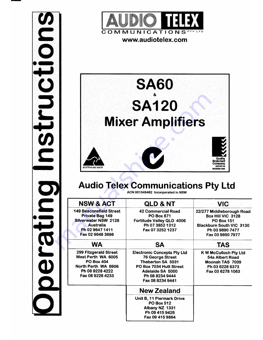 AUDIO TELEX SA120 Operating Instructions Download Page 1