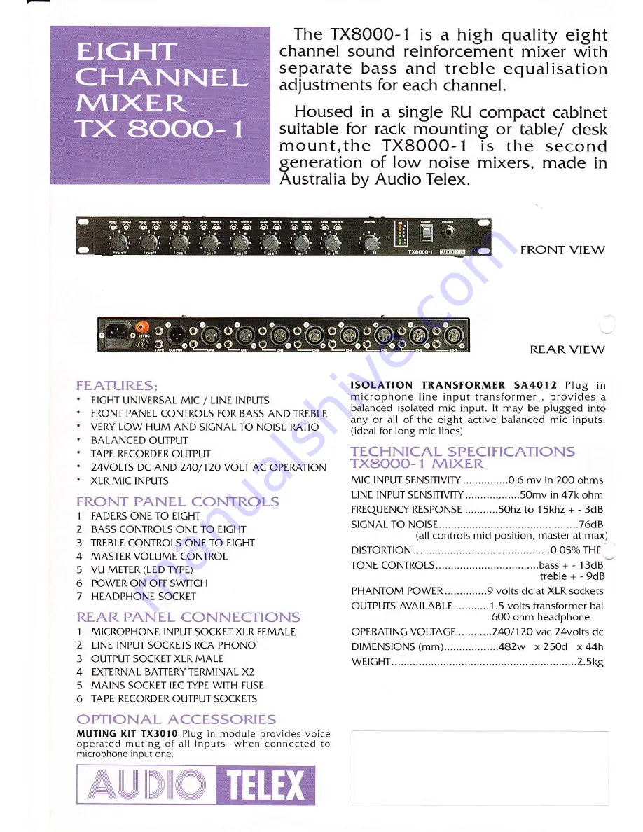 AUDIO TELEX TX 8000-1 Brochure Download Page 2