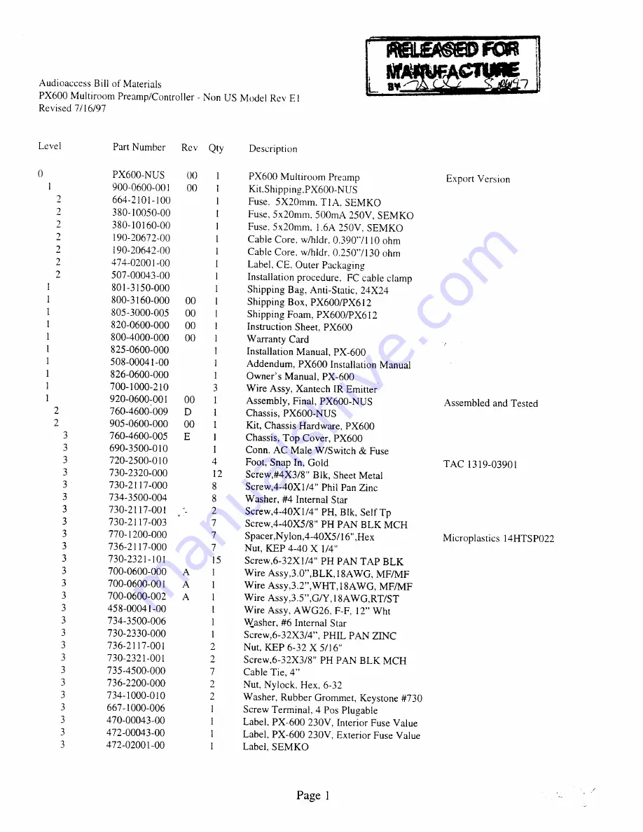 Audioaccess PX-600 Service  Manual Addendum Download Page 220