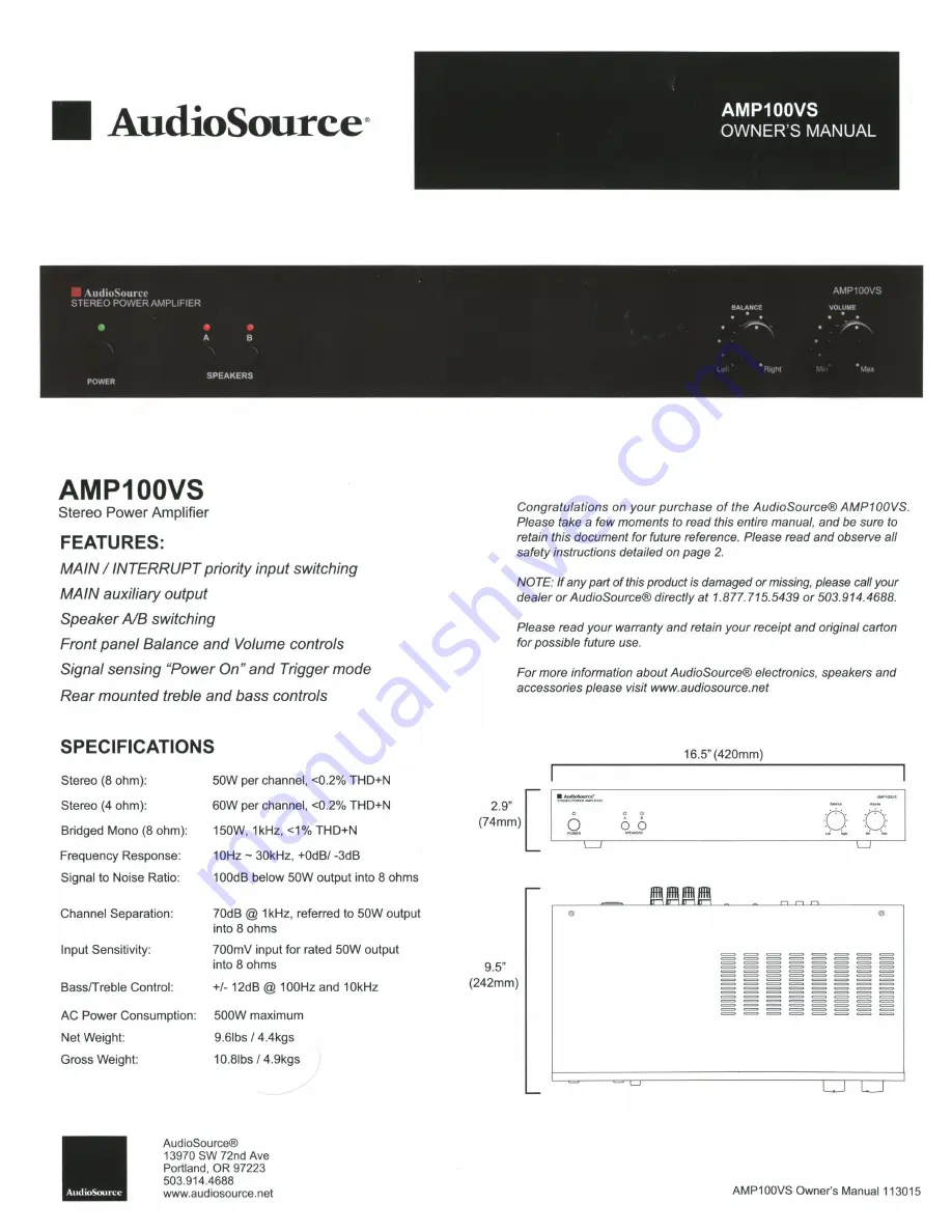 AudioSource AMP100VS Owner'S Manual Download Page 1