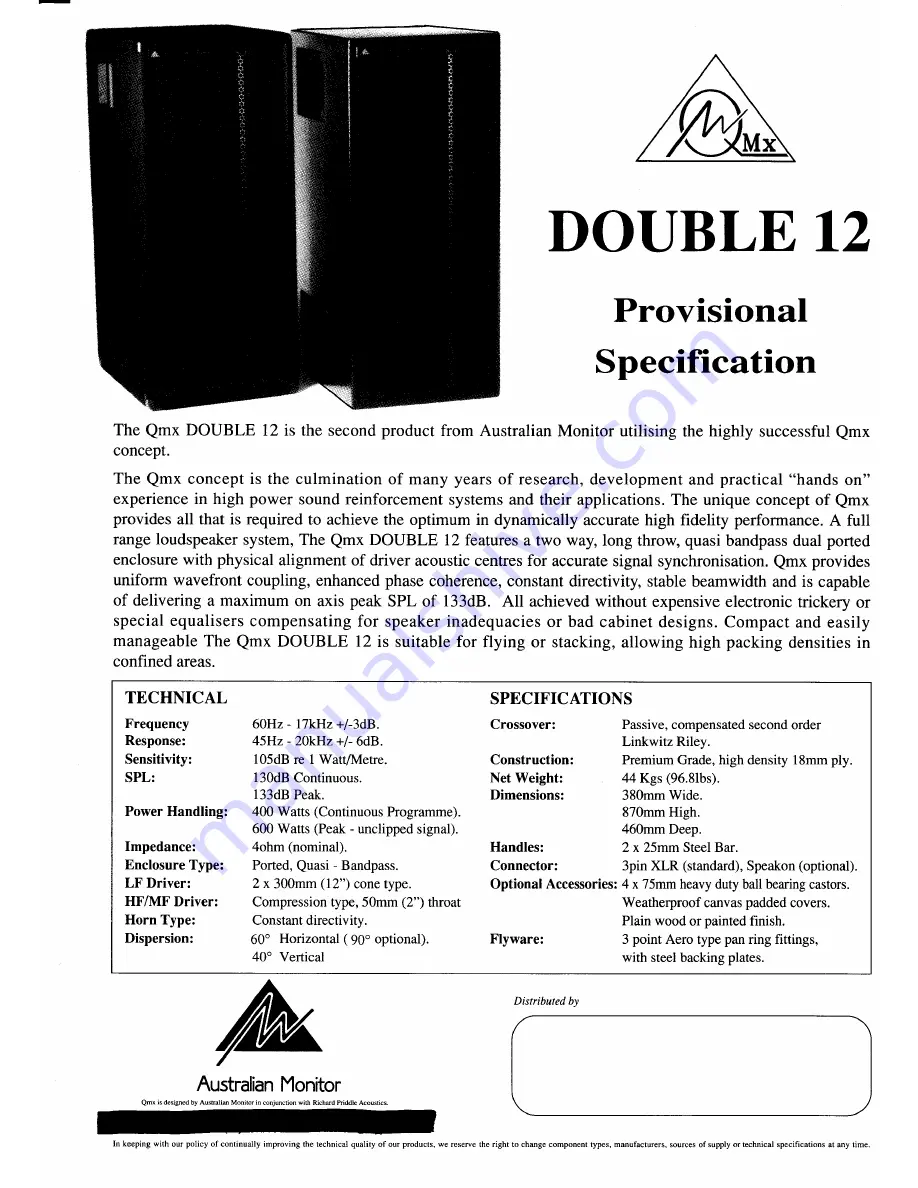 AUSTRALIAN MONITOR DOUBLE 12 Specifications Download Page 1